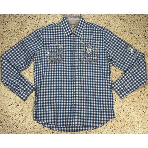 StockerPoint Men's Embroidered Check Pattern Button Up Long‎ Sleeve Shirt Size L